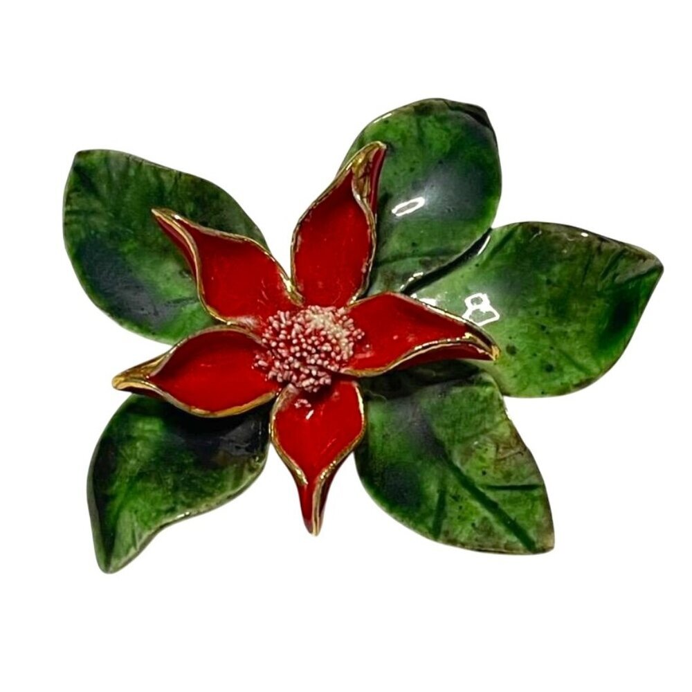 Vintage Porcelain Poinsettia Brooch Hand-Painted Red Green Floral Holiday Pin